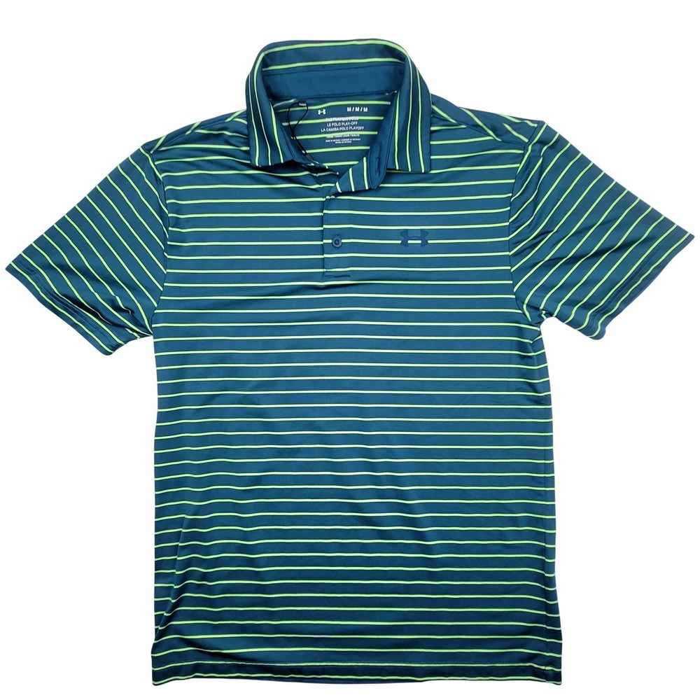Under Armour Mens Playoff Polo Shirt Teal Lime Green Striped Short Sleeve Medium